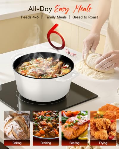 6 Qt PFAS Free Enamel Cast Iron Dutch Oven Pot w (Vanilla Cream)