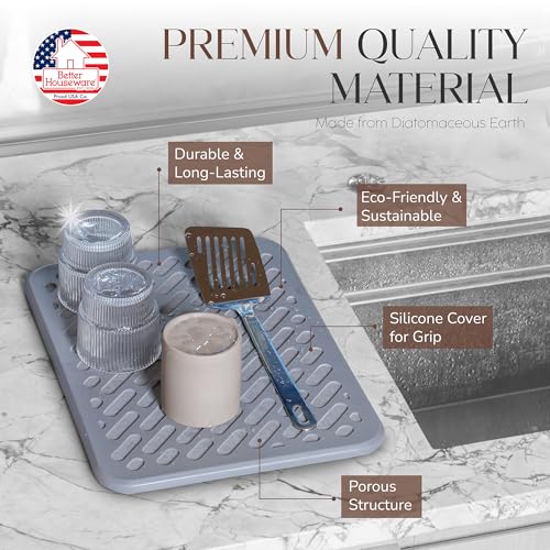 Stone Drying Mat for Kitchen Counter Diatomaceous Earth Dish Drying Mat Self Absorbing Kitchen Mat with Non (16" x 12")