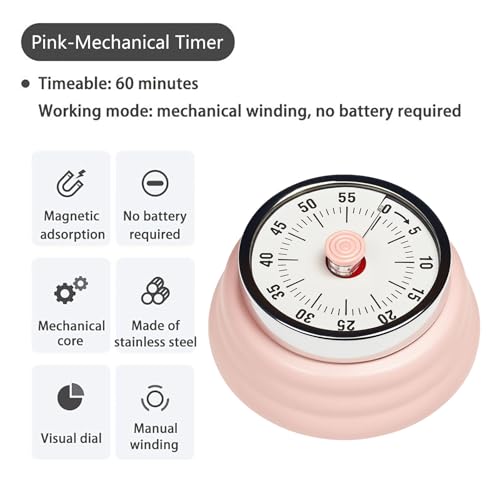 Elegant Stainless Steel Vintage Kitchen Timer with Magnetic Attachment (01-pink)