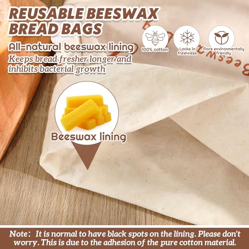 Beeswax Bread Bags for Sourdough Reusable Cotton Bread Storage Bags 13” x 17” Large Container Accessories for Homemade Loaf Keep Fresh Food Storage Gifts