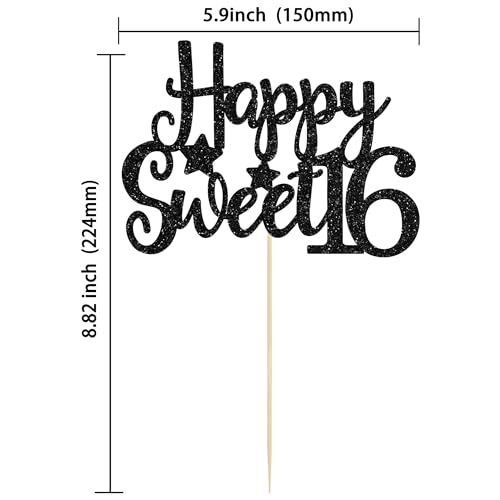 24Pcs Happy 16th Birthday Cupcake Toppers Glitter Hello 16 Sweet 16 Cupcake Picks 2006 Sixteen Old Birthday Cake Decorations for 16th Birthday Anniversary Party Supplies Black