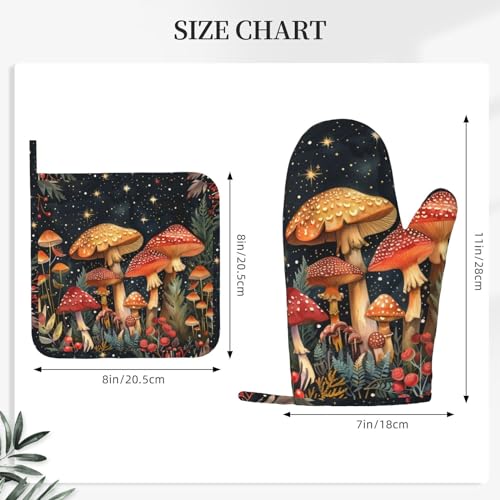 Oven Mitts and Pot Holders Mushroom Forest Vintage Silicone Kitchen Accessories Set of 4 Heat Resistant Long Gloves Potholder Non (A0632111)