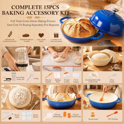 5QT Enameled Cast Iron Dutch Oven for Sourdough Bread Baking (Blue)