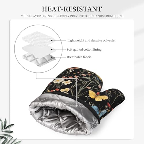 Oven Mitts Pot Holders Set Vintage Butterfly Flower Botanical Silicone Kitchen Gloves Potholders Heat Resistant for Chef Baking Cooking Grilling BBQ 4 Pack Mitt (B017)