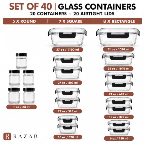 40 PC Borosilicate Glass Food Storage Containers with Airtight Lids (Black)