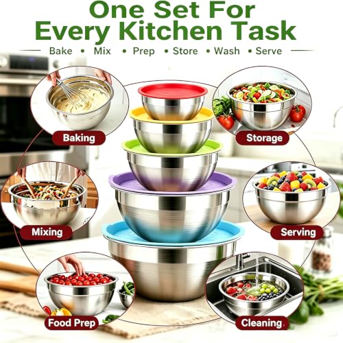 23PCS Stainless Steel Mixing Bowls Set with 400ML Cups & Lids