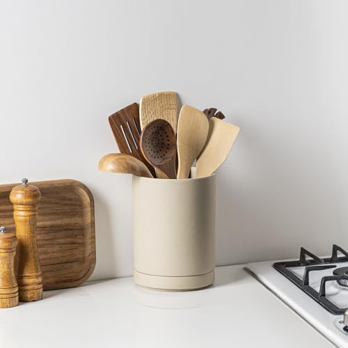 2-in-1 Ceramic Utensil Holder Set for Countertop, Cooking Utensil Crocks for Kitchen Counter, Large Modern Organizer for Spatulas & Spoons, Kitchen Decor, Pottery Clay