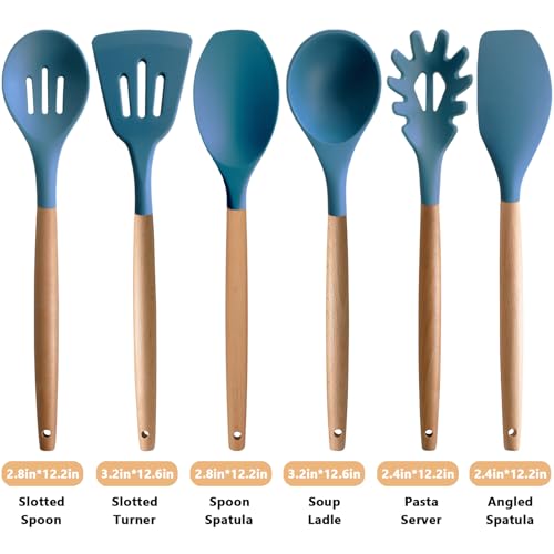 Silicone Cooking Utensils Set 6Pcs Heat Resistant Silicone Kitchen Utensils Set for Cooking Spatula Spoon Turner Ladle w Wooden Handle (Standard 6-Piece Set / Blue)