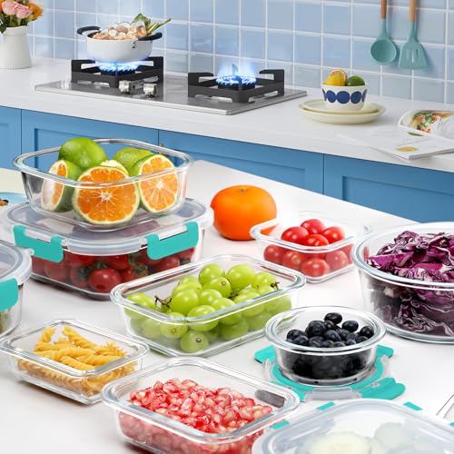 30 Pieces Glass Food Storage Containers Set with Lids (Green / 30 Pieces)