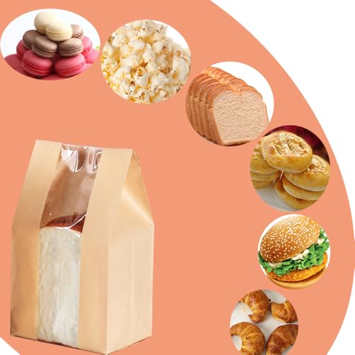 Kraft Paper Bread Bags Loaf Bags with Window Homemade Baked Packaging Storage Bags for Bake Cookie Treat