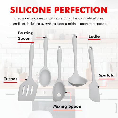 Premium Silicone Kitchen Tools and Utensils Set (5 Piece Set / Gray)