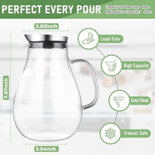 2 Liter Glass Pitcher With Lid And Spout Juice Carafe Iced Tea Water Jug for Homemade Beverage