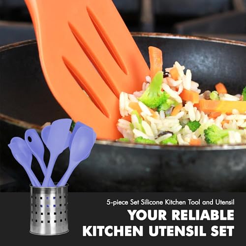 Premium Silicone Kitchen Tools and Utensils Set (5 Piece Set / Pastel Blue)