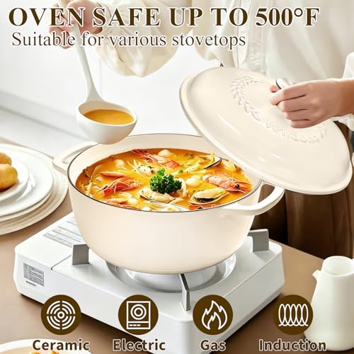 Enameled Cast Iron Dutch Oven Pot with Lid (Cream White)