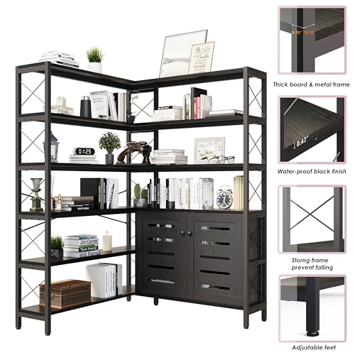 Corner Bookshelves and Bookcases Industrial Corner Etagere Bookcase L Shaped Shelf 6 Tiers with Metal Frame for Living Room Home Office