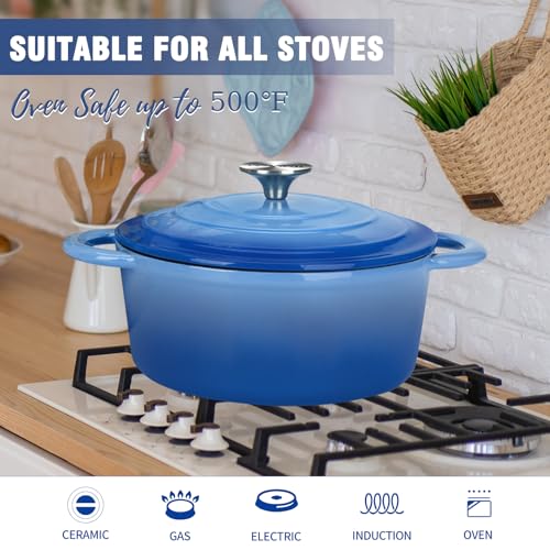 5 QT Enameled Cast Iron Dutch Oven with Self (Blue / 5QT)
