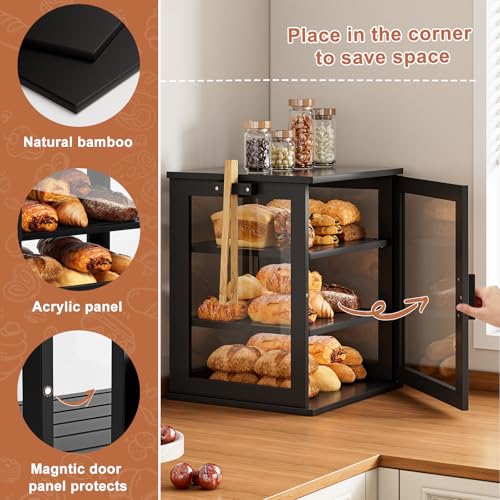 Bread Box for Kitchen Countertop (Black / Extra Large)