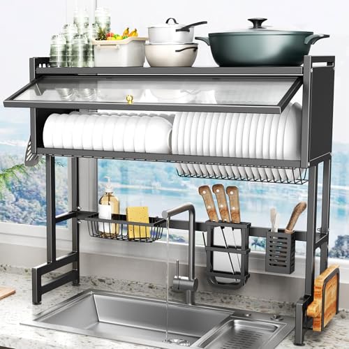Over The Sink Dish Drainer Drying Rack 3 Tiers with Cover (Black / 37.4in)