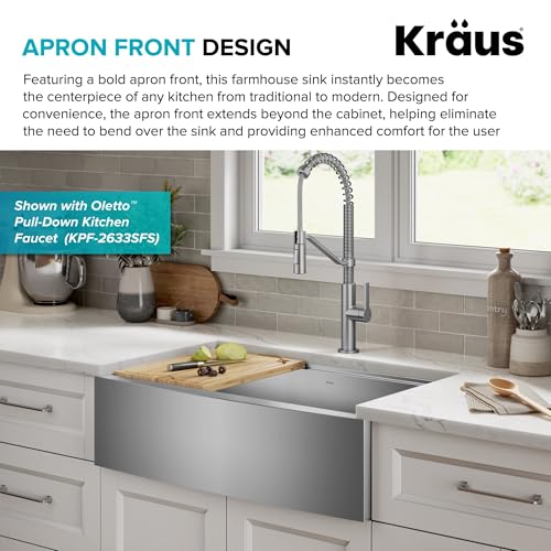 Kore 33 Inch Farmhouse Workstation 16 Gauge Single Bowl Stainless Steel Kitchen Sink with Accessories (33 Inch / Rounded Farmhouse / Stainless Steel)