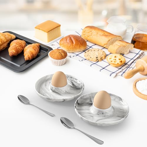 EggHolder & Spoon Set Ceramic Egg Holders + SS Spoons Breakfast Plate White 5.5'' Food Container Egg Tray Dinner Serving for Hard Boiled Eggs