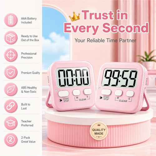 2 Pack Digital Timer for Kids Classroom Kitchen Timers for Cooking (1 * Relaxing Pink)