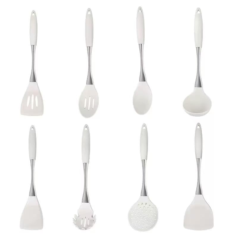 8 Piece Silicone Kitchen Utensil Set (White and silvery)
