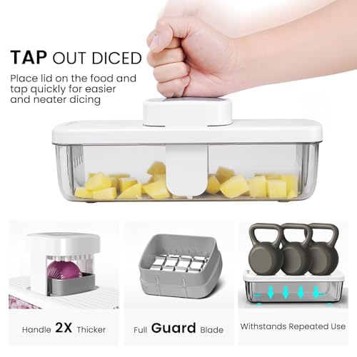 8-in-1 Vertical Vegetable Chopper Mandoline Slicer with Container White - Safe Tap Out Dicer with Hand Guard for Kitchen Easy Food Prep, Onion Potato Veggie Fruit (White)