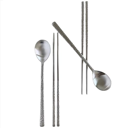 Korean Made Silver Glossy Hammered Stainless Steel Korean Spoon & Chopstick SET