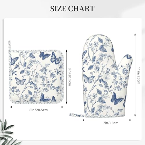 Oven Mitts and Pot Holders Butterfly Flower Vintage Blue Silicone Kitchen Accessories Set of 4 Heat Resistant Long Gloves Potholder Non (A066421)