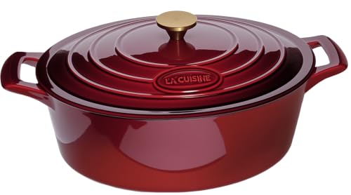 La Cuisine Enameled Cast Iron Oval Dutch Oven Casserole Dish Pot with Lid 6.75 QT Internal Matt Black Enamel Coating Gold (6.75 QT Oval / Cranberry)