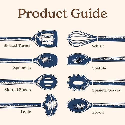 Non Stick Silicone Utensil Set with Rounded Wood Handles for Cooking and Baking (8 Piece Set / Navy)