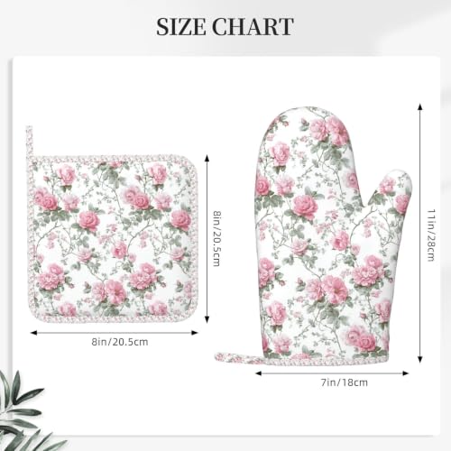 Oven Mitts Pot Holders Set Vintage Floral Silicone Kitchen Gloves Potholders Heat Resistant for Chef Baking Cooking Grilling BBQ 4 Pack Mitt (A0612)