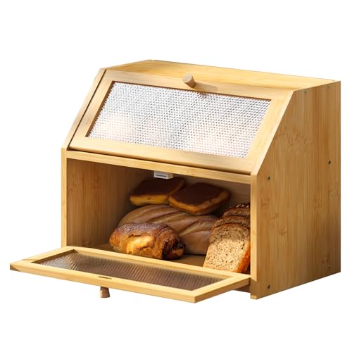 Bread Box for Kitchen Countertop Bin Double Layer Bread Box Storage Container Extra Large Capacity Farmhouse with Diamond Pattern Windows (Natural / Large)