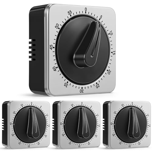 4 Pack Mechanical Kitchen Timer for Chef Cooking Countdown Reminder 60 Minute Wind up Magnetic Stainless Steel Loud Alarm No Batteries Desk Timer for Sport Home Office
