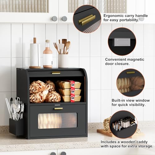 Roll Top Bread Box for Kitchen Countertop (Black)