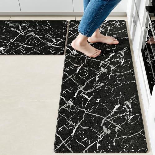 Foil Stamped Marble Kitchen Mats for Floor 2PCS Cushioned Anti Fatigue Non Slip Waterproof Comfort Leather Kitchen Rugs 2