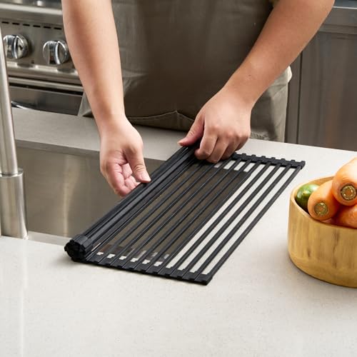 Black Steel Over Sink Roll Up Drying Rack (Black / 20.5" x 13")