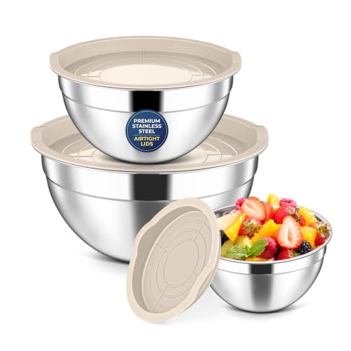 Stainless Steel Mixing Bowls with Lids Set of 3 (Khaki / 4.6, 3, 1.5QT)