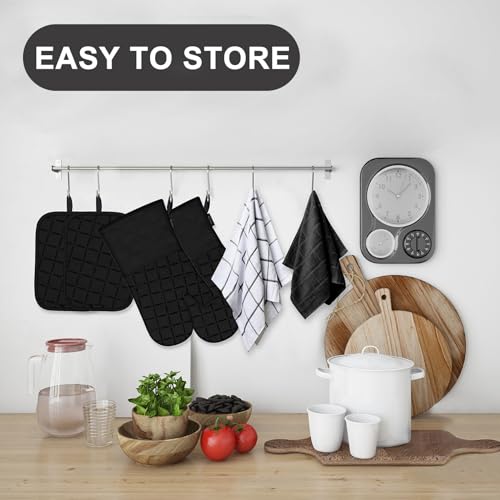 Oven Mitts Kitchen Towels and Dishcloths Pot Holders Sets (Black)
