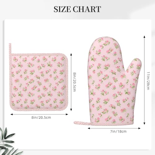 Oven Mitts Pot Holders Set Watercolor Rose Pink Silicone Kitchen Gloves Potholders Heat Resistant for Chef Baking Cooking Grilling BBQ 4 Pack Mitt (A0614)
