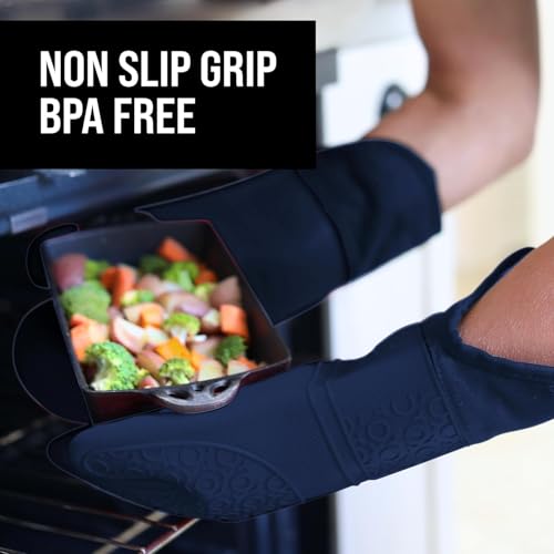 BPA Free Soft Silicone Oven Mitts (Navy Blue / 2-Piece 14.7" Oven Mitts)