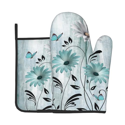 Oven Mitts and Pot Holder Set of 2 Heat Resistant Gloves Hot Pads for Kitchen Grilling Baking Cooking BBQ