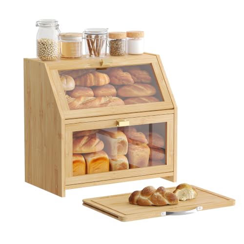 Bread Box with Cutting Board for Kitchen Countertop Corner Bread box Double Layer Bamboo Extra Large Capacity Bin Kitchen Food Storage Container (Natural)