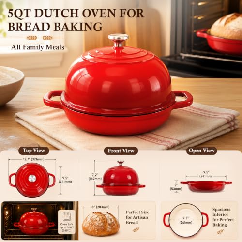 5 Qt Enameled Cast Iron Dutch Oven for Sourdough Bread Baking (Red)