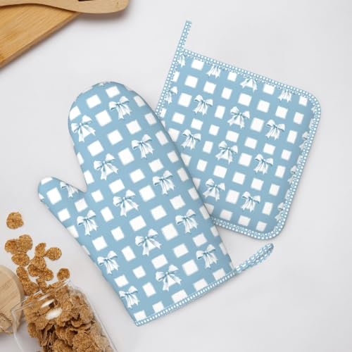 Oven Mitts and Pot Holders Set Blue Check Bows Silicone Kitchen Accessories 4 Piece Heat Resistant Long Gloves Potholder Non (C07)