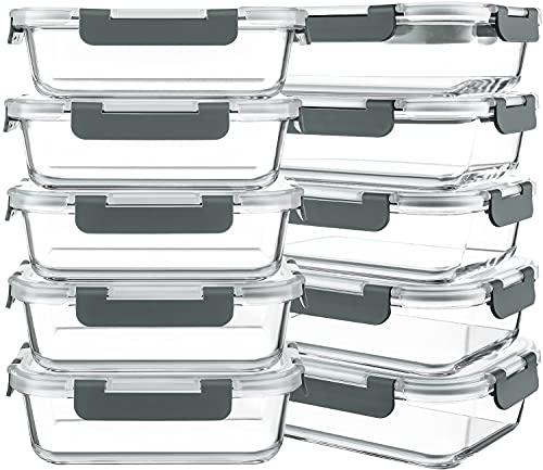 10 Packs 30 oz Glass Meal Prep Containers with Lids (Gray)