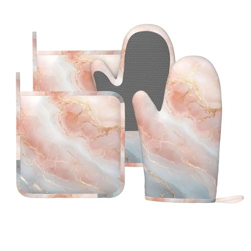 Oven Mitts Pot Holders Set Marble Light Pink Abstract Silicone Kitchen Gloves Potholders Heat Resistant for Chef Baking Cooking Grilling BBQ 4 Pack Mitt (C092)