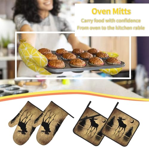 Oven Mitts and Pot Holders Sets of 4 High Heat Resistant Oven Mitts with Oven Gloves and Hot Pads Polyester Potholders for Kitchen Baking Grilling BBQ Non