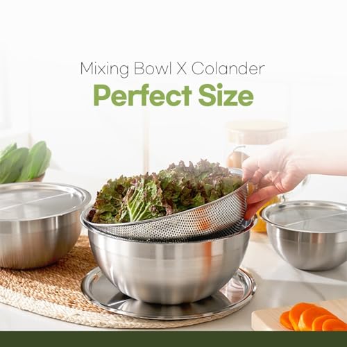 Mixing Bowl + Colander Stainless Steel Food Storage Containers with Lids Set 3 Bowls 3 Lids 3 Colanders Kitchen Appliances Dishwasher Safe Premium South Korea