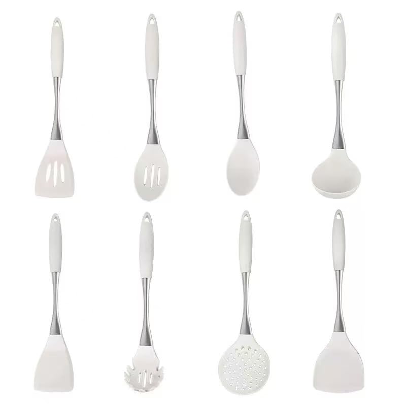 8 Piece Silicone Kitchen Utensil Set (White and silvery)